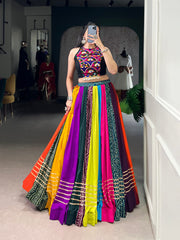 Multicolor Pure Rayon Navratri Lehenga Choli with Mirror Work & Cowrie Lace Blouse