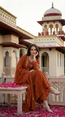 Royal Purple & Rust Orange Chanderi Silk Embroidered Anarkali Kurta Pant Set with Embroidered Organza Dupatta