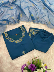 Premium Roman Silk Embroidered Suit Set with Organza Dupatta | Designer Ethnic Wear for Women