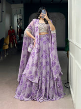 Lavender, Pink, Mustard & Mint Green Georgette Floral Lehenga with Embroidered Cape Dupatta & Batwa | Designer Party Wear Lehenga for Women