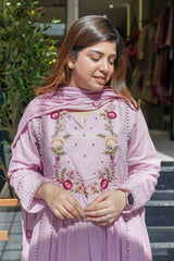 Pastel Pink & Mint Green Chanderi Silk Embroidered Anarkali Kurta Pant Set with Organza Dupatta