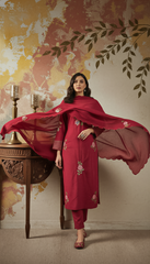 Olive Green & Maroon Chanderi Silk Embroidered Kurta Pant Set with Embroidered Chanderi Dupatta