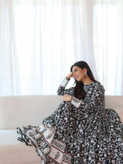 Black Premium Maslin Cotton Printed Anarkali Gown Set with Dupatta | Designer 3-Piece Ethnic Suit