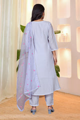 Pastel Yellow & Powder Blue Parampara Silk Embroidered Anarkali Kurta Pant Set with Organza Dupatta