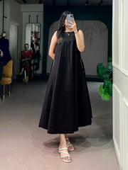Women's Premium Black Khadi Cotton A-Line Midi Dress with Pocket | Casual & Everyday Wear