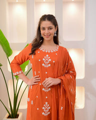 Elegant Embroidered Rayon Slub Suit Set with Chanderi Dupatta