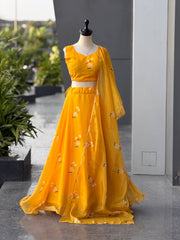 Mustard Yellow Jimmy Organza Silk Digital Printed Lehenga Set with Matching Dupatta