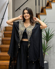 Rooprangi Women's Premium Star Georgette Indo-Western Jacket Palazzo Set | Black