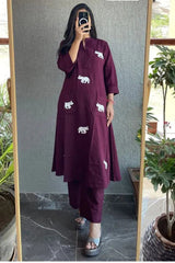 Heavy Rayon Embroidered Kurta Pant Set with Elephant Motif | Designer Casual Ethnic Wear for Women