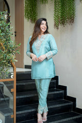 Blush Pink & Aqua Blue Premium Simmar Silk Mirror & Sequence Embroidered Kurta Palazzo Set