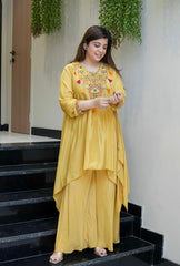 Yellow & Blush Pink French Crepe Embroidered Kurta Palazzo Set
