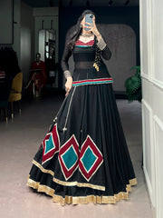 Classic Black Marble Navratri Lehenga Choli Set with Sheer Tunic & Cowrie Bell Detailing