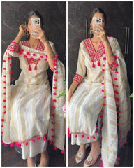 White Chanderi Silk 3 Piece Kurti Pant Set with Dupatta & Fancy Lace Work