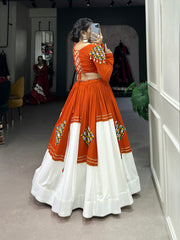 Orange & White Rayon Navratri Lehenga Choli with Gamthi Patch Work