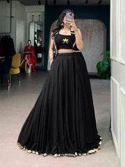 Black Flow Fabric Navratri Lehenga Choli Set with Lotus Handwork & Long Designer Jacket