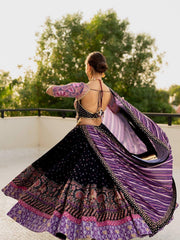 Black Malai Silk Navratri Lehenga Choli with Mirror Work & Printed Dupatta | Designer Garba & Festive Wear Lehenga for Women