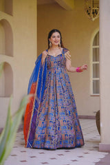 Rooprangi Women's Premium Royal Blue Jimmy Organza Silk Digital Printed Anarkali Gown with Organza Dupatta | Festive & Wedding Wear