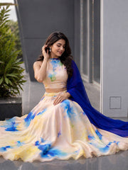 Pastel Digital Print Jimmy Organza Lehenga Choli Set with Stone Work & Georgette Dupatta