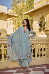 Blush Pink & Powder Blue Chanderi Silk Embroidered Kurta Pant Set with Embroidered Chanderi Dupatta