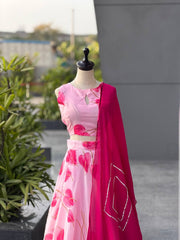 Pink Floral Jimmy Organza Silk Digital Printed Lehenga Set with Fox Georgette Dupatta