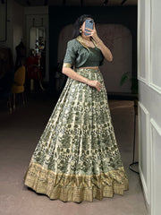 Designer Tasar Silk Printed Lehenga Choli with Viscose Border | Women's Festive & Wedding Wear Lehenga Set