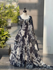 Black & White Floral Printed Designer Lehenga Choli Set with Organza Dupatta