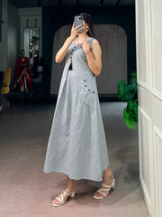 Rooprangi Women's Khadi Cotton A-Line Midi Dress with Wooden Button Detailing