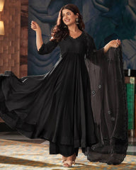 Classic Black Georgette Anarkali Suit Set with Real Mirror Work Dupatta