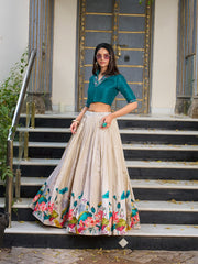 Cream Floral Printed Tassar Silk Lehenga with Handworked Banglory Blouse | Designer Festive Lehenga Set for Women