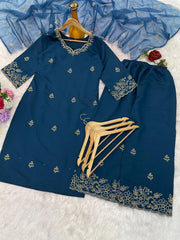 Premium Roman Silk Embroidered Suit Set with Organza Dupatta | Designer Ethnic Wear for Women