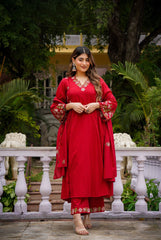Rooprangi Women's Premium Chanderi Silk Embroidered Kurta Pant Set with Organza Dupatta | Olive Green & Ruby Red