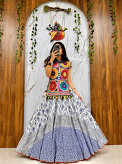 White & Blue Muslin Cotton Navratri Chaniya Choli Set with Gamthi Embroidery & Mirror Work | Designer Garba Lehenga for Women