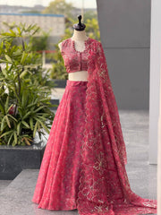 Rose Pink Jimmy Organza Digital Printed Lehenga Set with Sequins Blouse & Designer Batwa