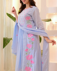 Pastel Yellow & Powder Blue Parampara Silk Embroidered Anarkali Kurta Pant Set with Organza Dupatta