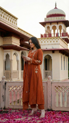 Royal Purple & Rust Orange Chanderi Silk Embroidered Anarkali Kurta Pant Set with Embroidered Organza Dupatta