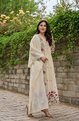 Pink & Ivory Chanderi Silk Embroidered Anarkali Kurta Pant Set with Chanderi Dupatta