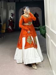 Orange & White Rayon Navratri Lehenga Choli with Gamthi Patch Work