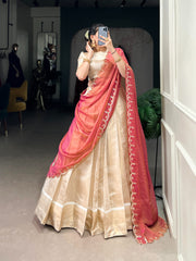Cream Jacquard Chex Zari Weaving Lehenga with Embroidered Zari Shimmer Dupatta | Traditional Festive & Onam Wear Lehenga for Women