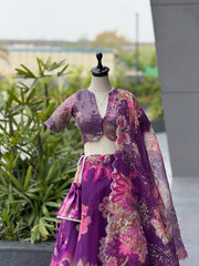 Purple Organza Digital Printed Lehenga Set with Sequins Blouse & Designer Batwa