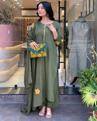 Olive Green Chanderi Silk Embroidered Kurta Pant Set with Chanderi Dupatta | Festive & Party Wear