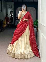 Designer Poly Kotha Tasar Lehenga Choli with Printed Dupatta | Traditional Zari Border Festive Lehenga Set for Women
