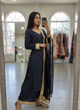 Navy Blue Georgette Printed Kurti Plazzo Set with Dupatta | Designer Festive Ethnic Wear for Women