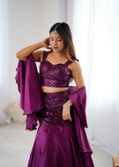Purple Sequin Embroidered Net Lehenga Skirt Set with Padded Blouse & Crepe Dupatta