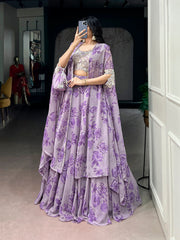 Lavender, Pink, Mustard & Mint Green Georgette Floral Lehenga with Embroidered Cape Dupatta & Batwa | Designer Party Wear Lehenga for Women
