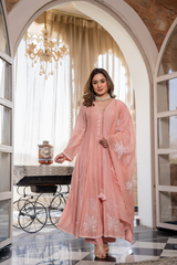 Sage Green & Blush Peach Chanderi Silk Embroidered Kurta Pant Set with Chanderi Dupatta