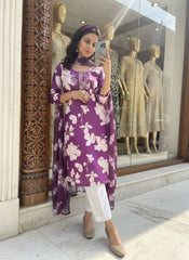 Purple Magic Cotton Embroidered Kurti Pant Set with Digital Print Dupatta