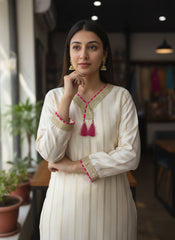 White Chanderi Silk 3 Piece Kurti Pant Set with Dupatta & Fancy Lace Work