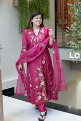 Rani Pink Premium BSY Chanderi Silk Embroidered Kurta Pant Set with Organza Dupatta