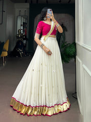 RoopRangi Women's Premium Mirror Work Lehenga Choli Set with Dupatta | White & Rani Pink