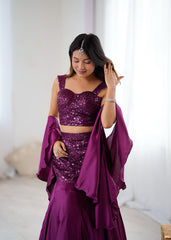 Purple Sequin Embroidered Net Lehenga Skirt Set with Padded Blouse & Crepe Dupatta